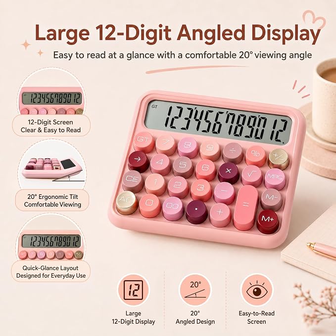 TRULY Mechanical Switch Calculator, Rose Pink Cute Retro 12-Digit Desktop Calculator with Satisfying Clicky Keys, Large Angled Display, Big Round Buttons for Office, School, Home & Gifting