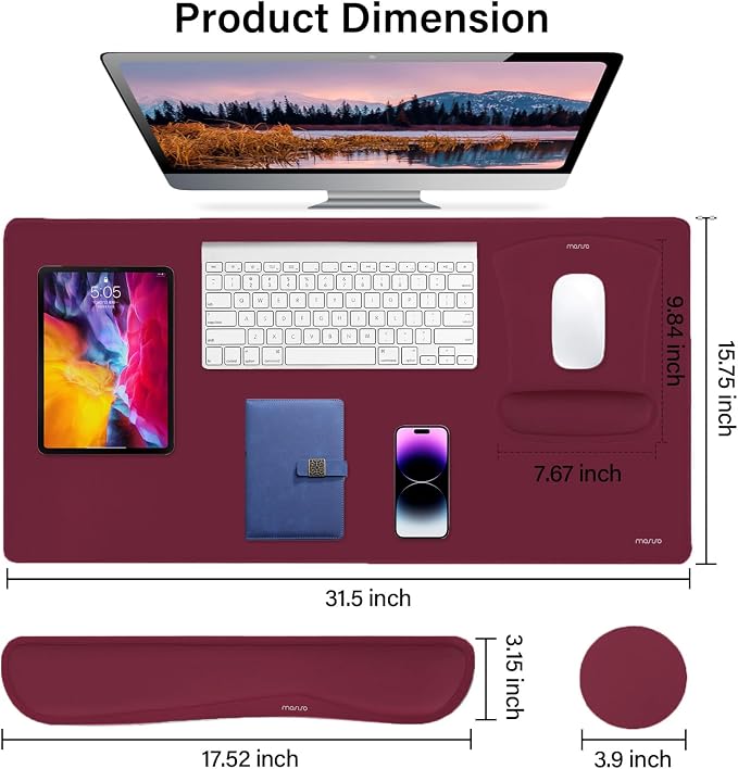 MOSISO Keyboard Mouse Pad Set, Large Gaming Mousepad&Keyboard Wrist Rest | Mouse Wrist Rest&Coaster, Ergonomic Non-Slip Mousepad&Easy Typing Cushion with Memory Foam for Home Office, Wine Red