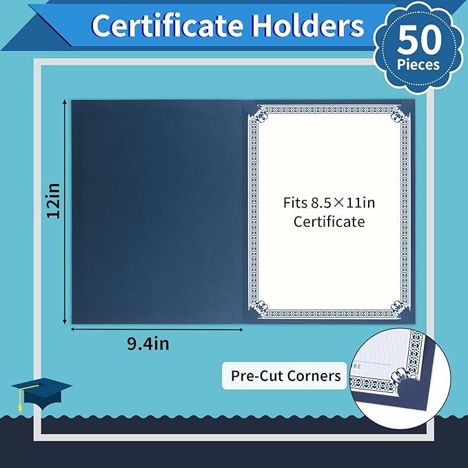 50 Packs Certificate Holders, Navy Blue Certificate Covers, Diploma Holders, Certificate Folders with Gold Foil Border for Letter Size 8.5" x 11" Certificates, Diploma, Documents, Award Cover