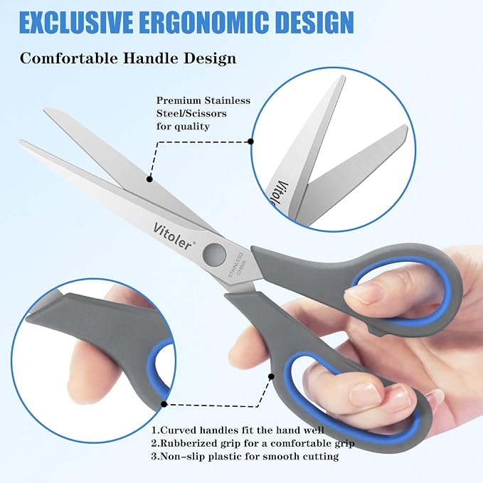 Vitoler Scissors, Heavy Duty Scissors All Purpose Bulk Set of 3-Pack | Sharp Scissor for Office School Craft Sewing Fabric, Right/Left Hand