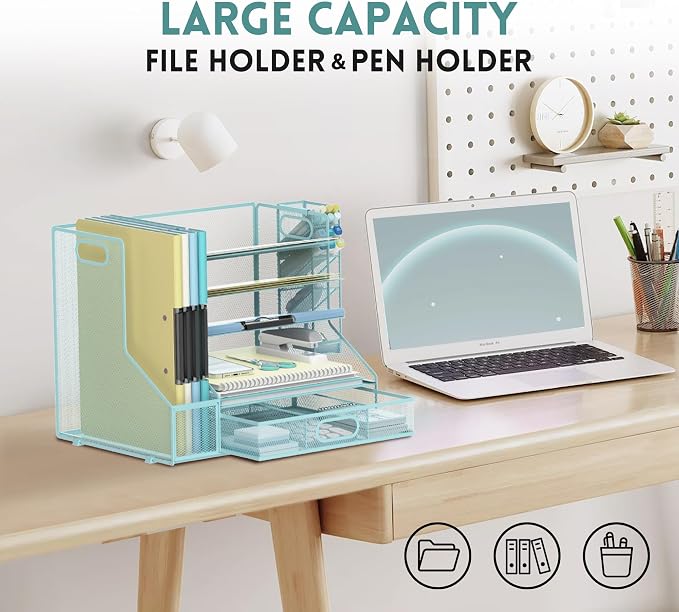 5-Tier Desk Organizer with File Holder & Pen Holder & Sliding Drawer, Blue | Mesh Metal Paper Letter Tray for Papers, Mail, Office Supplies, and Desk Accessories