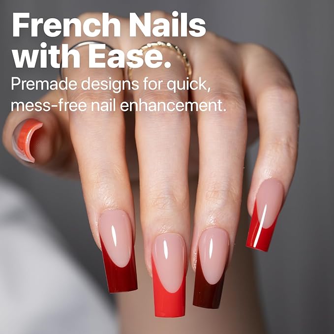 SXC Cosmetics French Tip Press On Nails 150 Pieces in 15 Sizes Ultra Fit with Pre-applied Tip Primer and Base Coat, No Need to File Fake Nails for Nail Art DIY X-Pro Tips (5RED117-M Square)