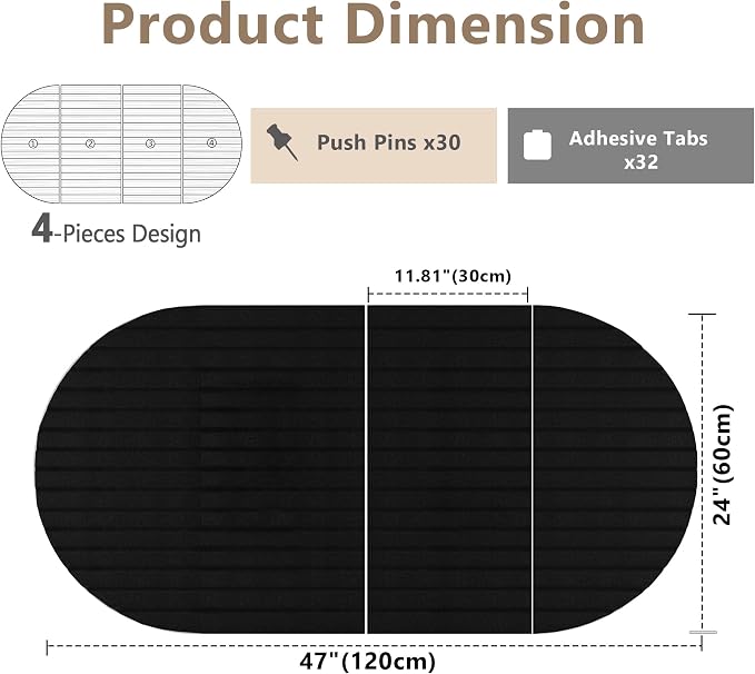 Felt Bulletin Board 47" x 24", Cork Board Alternative with 30 Push Pins | 4 Customizable Modular Decorative Felt Pin Board, Vision Board for Office Home Bedroom Wall Decor, Photo Picture Display