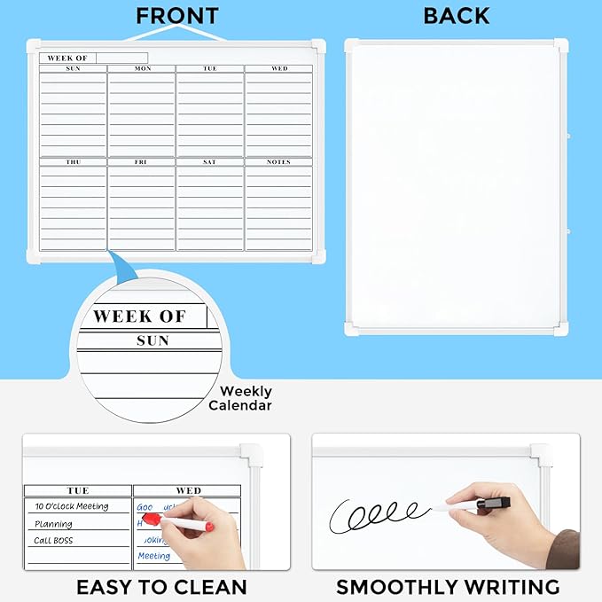 MaxGear Small Weekly Calendar Dry Erase Board for Wall, 16"x12" Hanging Double-Sided White Board, Portable Whiteboard for Planning, Drawing, Memo, to Do List, School, Home, Kitchen, Office