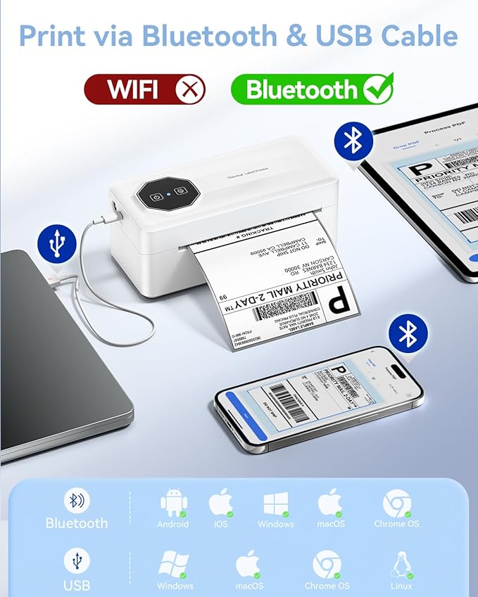 TATTMUSE Bluetooth Thermal Shipping Label Printer, A646 Wireless 4x6 Label Printer for Small Business and Shipping Packages, Compatible with iPhone Android Windows Mac, Amazon, USPS, UPS, White