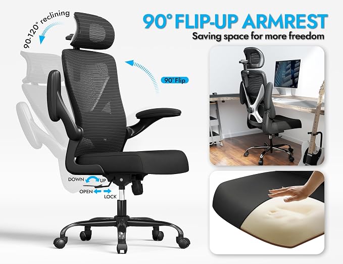 Ergonomic Office Chair: Mesh Desk Chair Comfy with Headrest& Lumbar Support | Ergalithic Big and Tall Office Chairs with Wheels & Flip-Up Arms-Computer Gaming Chairs for Adults Home Office Chairs(Black)