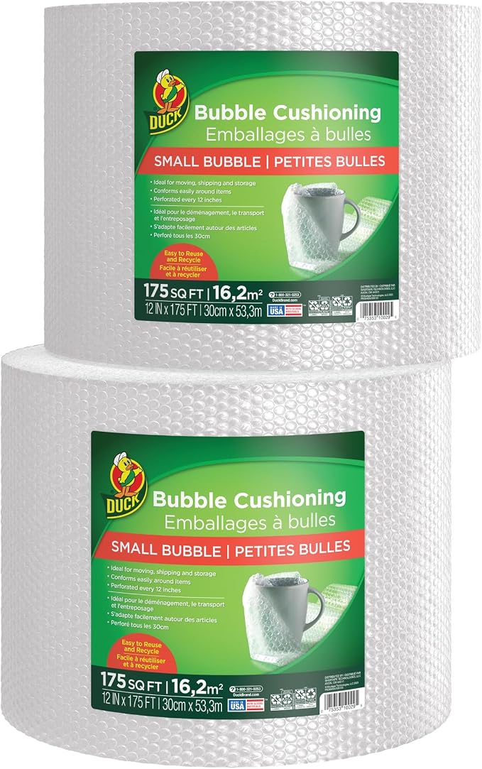 Duck Brand Small Bubble Cushioning Wrap for Fragile Moving & Shipping, 350 ft Packing Wrap for Extra Protection in Boxes & Mailers, Clear Roll, Moving Supplies, Perforated Every 12 in