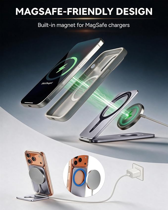 1ST IDEA for Magsafe Tripod, Tripod for iPhone Lightweight Aluminum Alloy & Angle Adjustment & Strong Magnets iPhone Tripod Stand Compatible with 17/16/15/14/13/12 (Included Metal Ring)