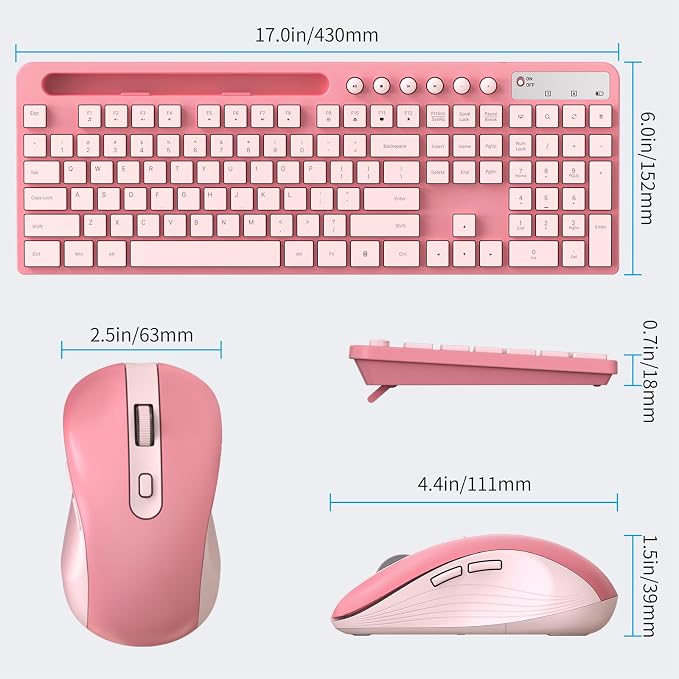 Wireless Keyboard and Mouse Combo, MARVO 2.4G Ergonomic Wireless Computer Keyboard with Phone Tablet Holder, Silent Mouse with 6 Button, Compatible with MacBook, Windows (Sakura Pink)