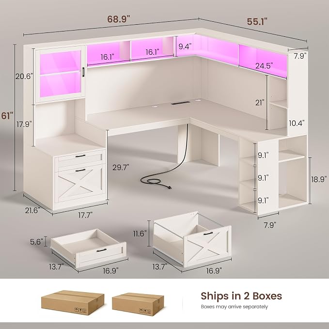 SEDETA Farmhouse L Shaped Office Desk with Drawers (White, l Shaped Desk with Double Hutch)