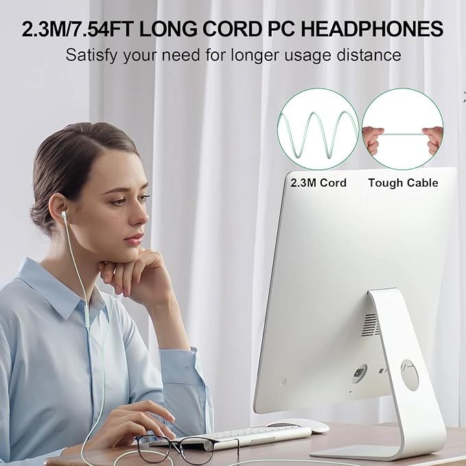ASKUBSKU USB Earbuds Wired with Microphone for PC 7.5 Ft Cable, Green | USB Headset for School Computer Class, Wired USBA Headphone with Mic Stereo Cord Laptop Earphone for HP/Dell/Surface Meeting