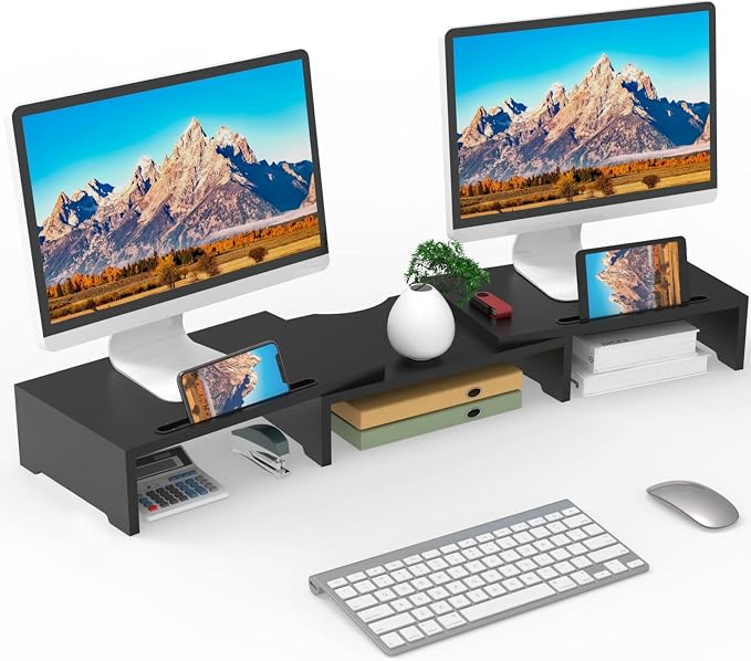 WALI Dual Monitor Stand Riser, 3 Shelf Laptop and Computer Monitor Stand with Phone Holder, Length and Angle Adjustable Desk Organizer (PTT007T-B), Black | 3 Shelf Laptop and Computer Monitor Stand, Length and Angle Adjustable Desk Organizer (PTT007T-B...