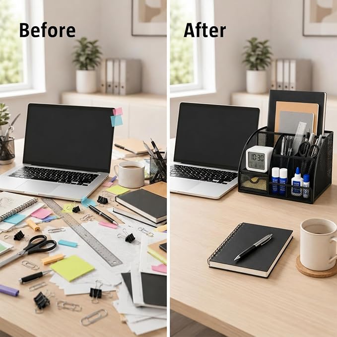 Black Office Supplies Set, Office Desk Accessories with Desk Organizer, Tape Dispenser, Stapler, Clips, Ruler, Scissors, Pen, Tape, Sticky Notes, Desktop Organizer for Back to School Supplies