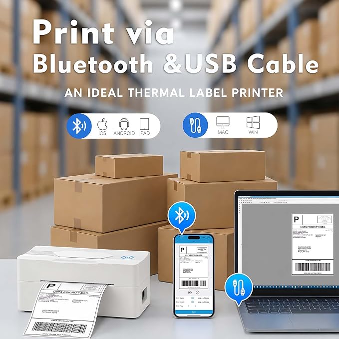 Forc Bluetooth Thermal Shipping Label Printer, 4x6, White | Wireless, Compatible with Android, iPhone, Windows & Mac, For Small Business, Works with Amazon, Etsy, USPS