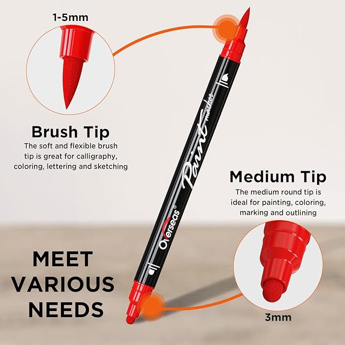 Overseas Black Acrylic Paint Markers, 2 Pack Dual Tip Paint Pens Acrylic Markers with Dot and Brush Tip, Coloring Marker for Wood, Rock, Canvas, Glass, Metal, Ceramic, Plastic, Fabric, School Supplies