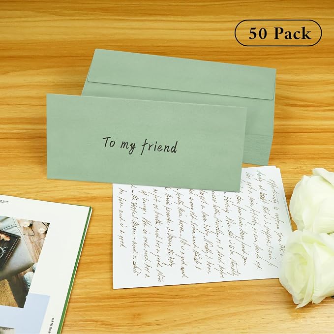 50 Pack #10 Business Envelopes, Sage Green Standard Envelopes Self Seal, Letter Size Mailing Envelopes for Checks Letters Invoices Statements Birthday Graduation Wedding, 4 1/8 x 9 1/2 Inch