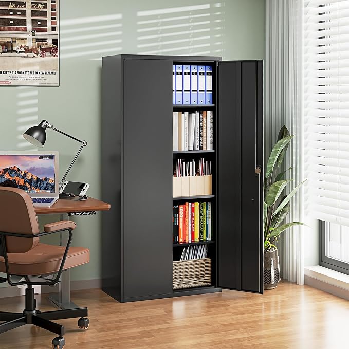 Metal Garage Storage Cabinets with Lock Door and Adjustable Shelves, Steel Tool Cabinets for Home,Office,Warehouse Organisieren (Black)