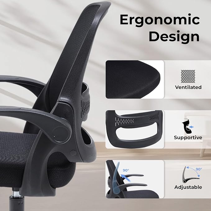amseatec Mesh Office Chair, Ergonomic Home Office Chair with Flip-Up Arms | Breathable Mesh Back & 3" cushion. BIFMA Certified. 90-110° Rocking. Supports 300 lbs.