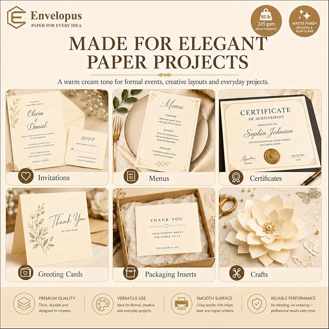 Cream Cardstock Paper 8.5 x 11, 85Lb Heavyweight Card Stock Cream | Cardstock Printer Paper 8.5 x 11, 30 Sheets, Smooth Matte Finish. Ivory Cardstock for Invitations, Crafts and Card Making.