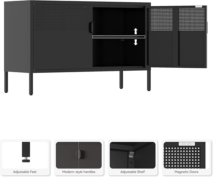 Metal Storage Cabinet,2 Door TV Stand, Metal Mesh Accent Cabinet | Magnetic Door Closure,Low Storage Cabinets with Doors and Shelf for Home,Office,Living Room