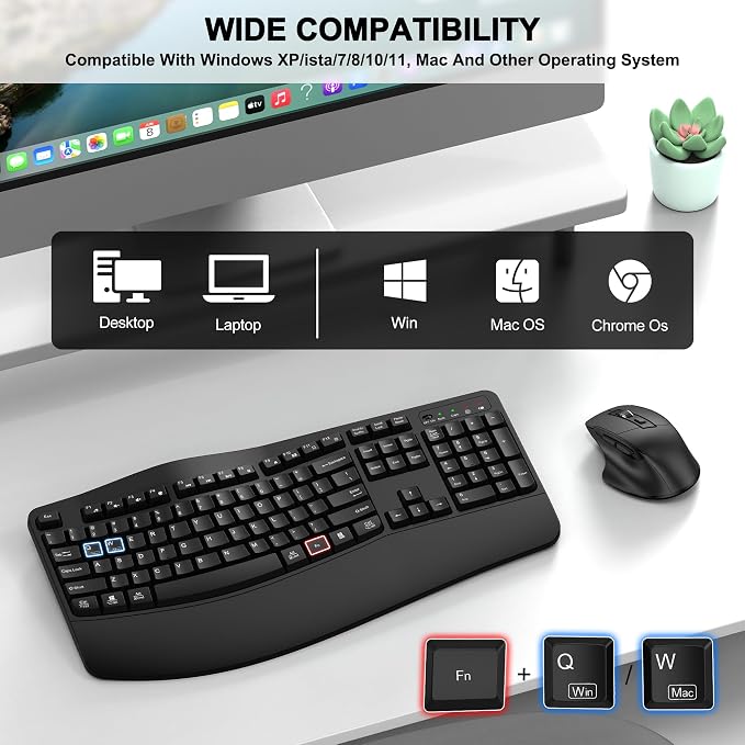 Wireless Keyboard and Mouse Combo, 2.4G Ergonomic Wave Keys(Black) | Full Size Wave Keyboard with Wrist Rest, 3-Level DPI Adjustable Ergonomic Mouse for Windows and Mac OS Desktop/Laptop/PC