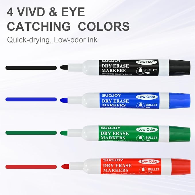 Dry Erase Markers, BulletTip Whiteboard Markers, Low Odor Thick Dry Markers, 36 Bulk 4 Assorted Color Marker for Whiteboard, Classroom, Office & Home