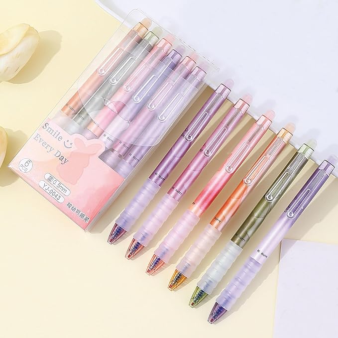 MOZXIRZ 6 Pcs Erasable Gel Ink Pens Retractable Pens 0.5mm Blue Ink Pen Office School Supplies Cute Aesthetic Pen (Blue Ink-Colorful)