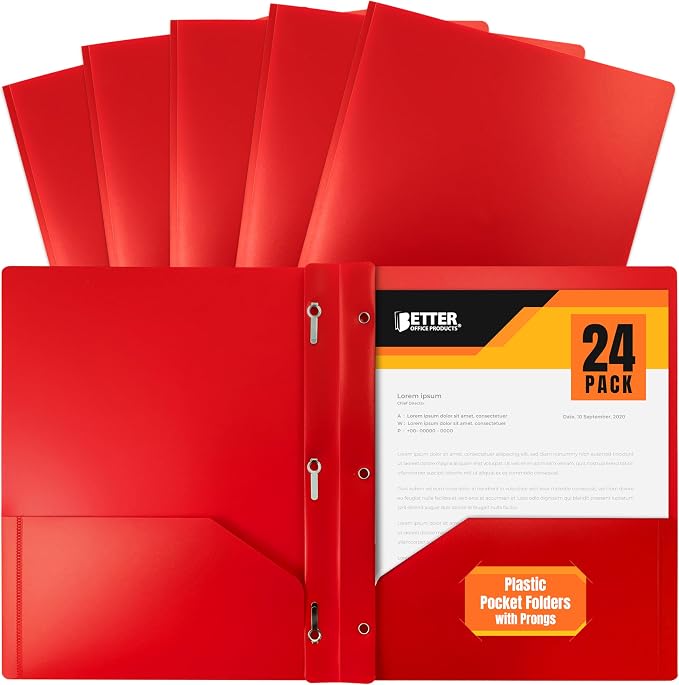 Better Office Products Red Plastic Folders with Pockets and Prongs, Letter Size, 24 Pack, Heavyweight Poly Prong Folders, Red Plastic with 3 Metal Fastener Clips