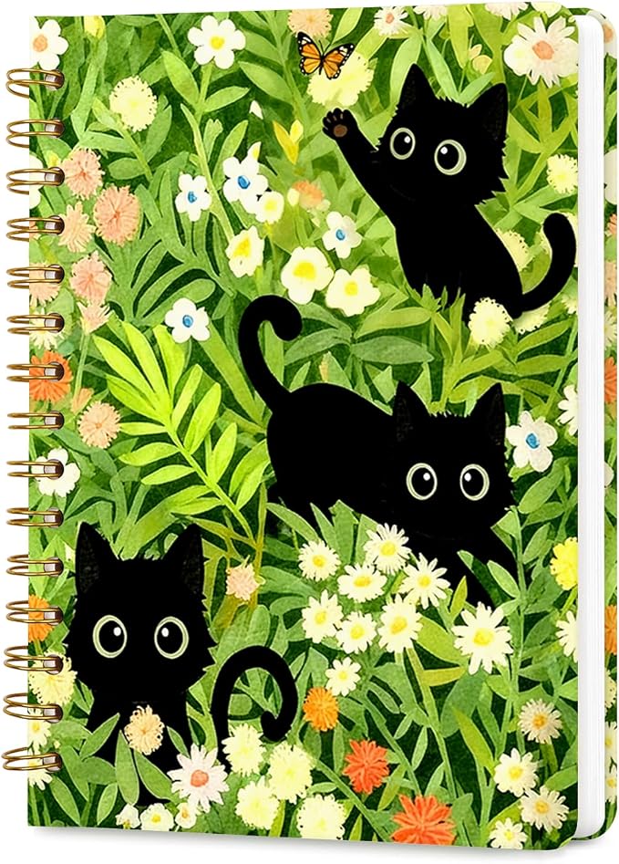 Lined Spiral Journal Notebook for Work A5, 160 Pages, Flower Cat | College Ruled Spiral Journal for Women, Hardcover with Elegant Design for Note-Taking, 5.5 * 8.25 inch