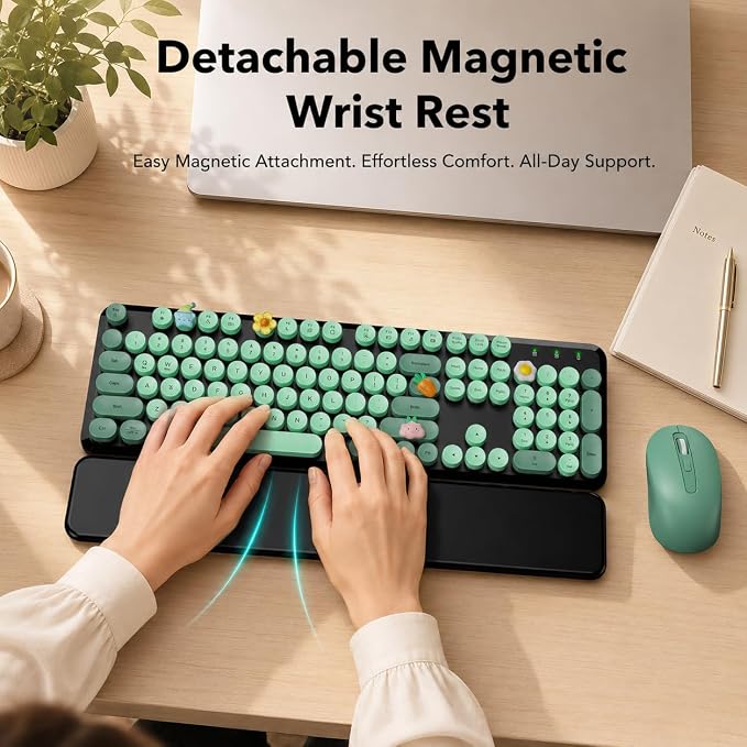 Wireless Keyboard and Mouse, Round Keycap, Magnetic Wrist Rest, Green Black | Full-Size Retro Typewriter Style, One USB Receiver, Type-C Adapter, Tilt Legs, Removable Keys, Auto Sleep, Windows & Mac Use