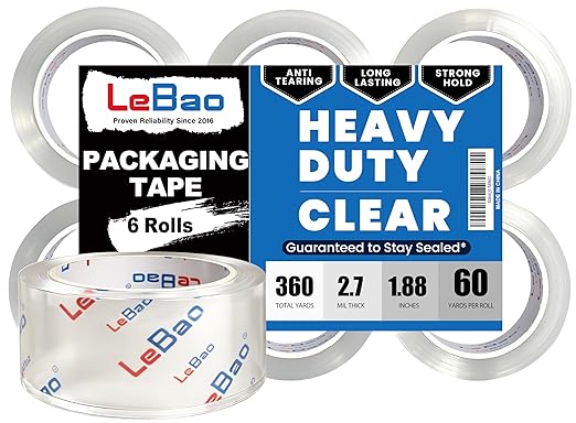 Heavy Duty Packing Tape Refills for Tape Gun Dispenser, 6 Rolls 1.88 inch Packing Tape Refill, 60 yd. x 2.7MiL HD Clear Roll Packaging Tape for Shipping Moving Postal Parcel Mailing