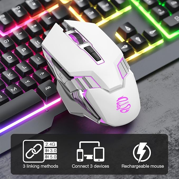 3-Mode RGB Silent Rechargeable Wireless Gaming Mouse White | BT5.0/BT3.0+2.4G connection, RGB backlight & quiet click, for gaming office, compatible with Laptop, PC, Mac, iPad & Tablet