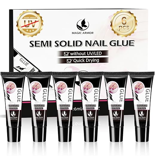 Nail Glue for Press On Nails 6ml x 6Pcs, Semi Solid Nail Glue No UV Light Needed Super Strong Glue Mini Tubes Quick Drying Gel Long Lasting for Fake Acrylic Nails