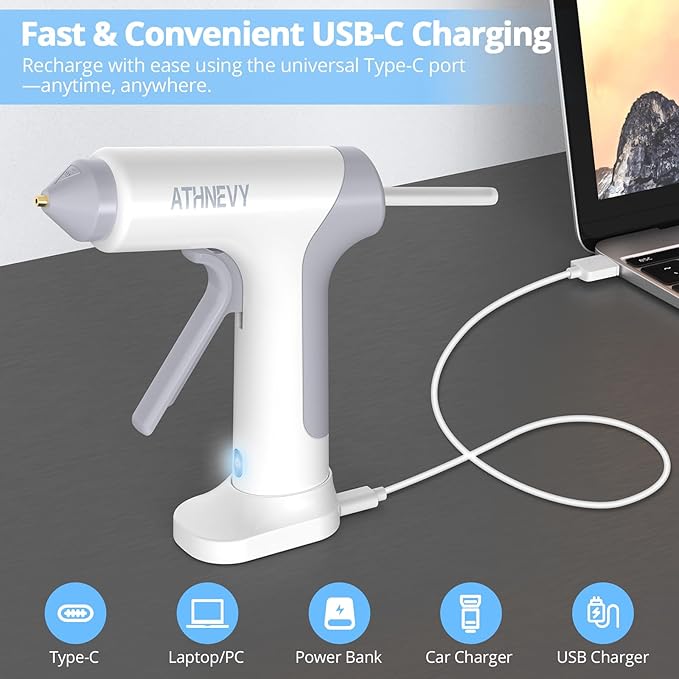 Cordless Hot Glue Gun, 10s Fast Preheat, 30PCS Mini Glue Sticks 7x100mm, 4V 20W Type-C Rechargeable, Anti-Drip, Auto-Off, for DIY Crafts, Repair, Decoration (White)