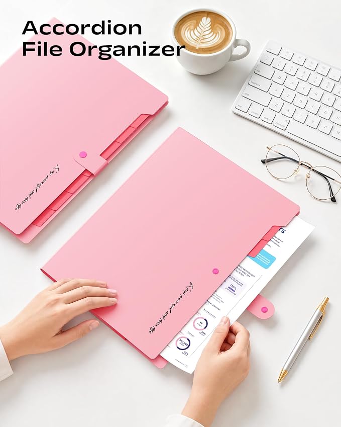 2 Pack Accordion File Organizer, 8 Pockets Expanding File Folder with Labels, Portable Document Paper Receipt Organizer for School Office Hospital, Letter/A4 Size Pink
