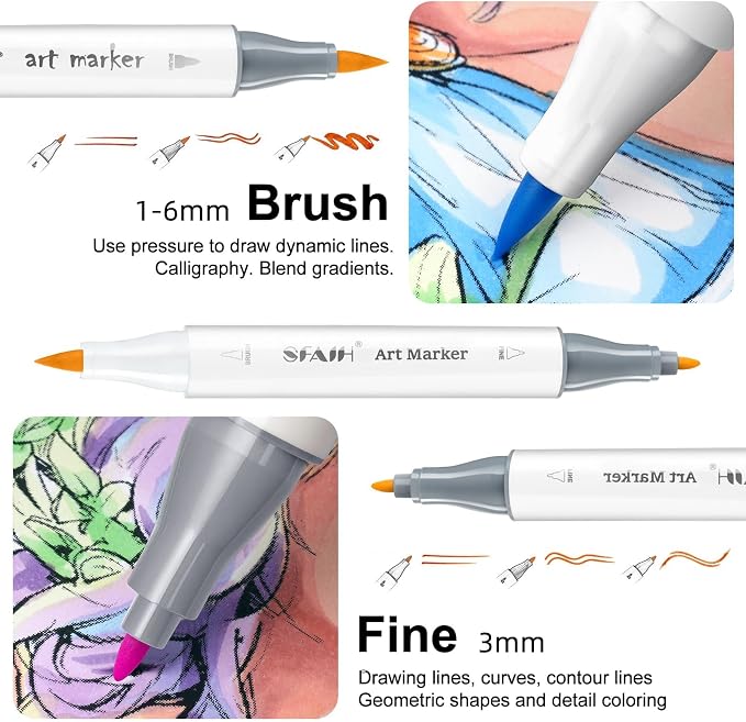 SFAIH Alcohol Markers Brush & Fine - 169 Colors Double Tipped Art Markers for Adult Coloring Illustration, Gifts for Artist Adult - Adjustable Shoulder Strap & Faux Leather Lining & Outer Zip Pocket