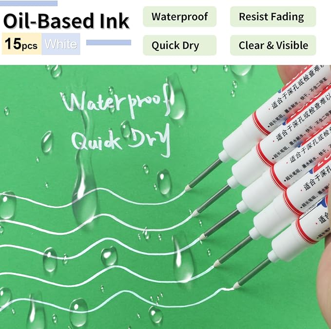15 Pcs Long Nib Marker, 20 mm Long Head Deep Hole Marker Pens, Fine Nose Tip Deep Reach Permanent Paint Markers for Metal, Marking Pen for Drilling, Carpenter, Woodworking, Construction (White)
