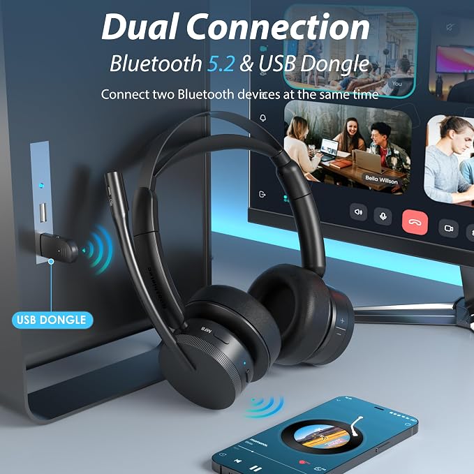 Wireless Headset with Mic for Work, Bluetooth 5.2 with Noise Cancelling | On-Ear Headphones, USB Dongle & Mute Button, Plug-and-Play for PC/Laptop/Phone (Black)