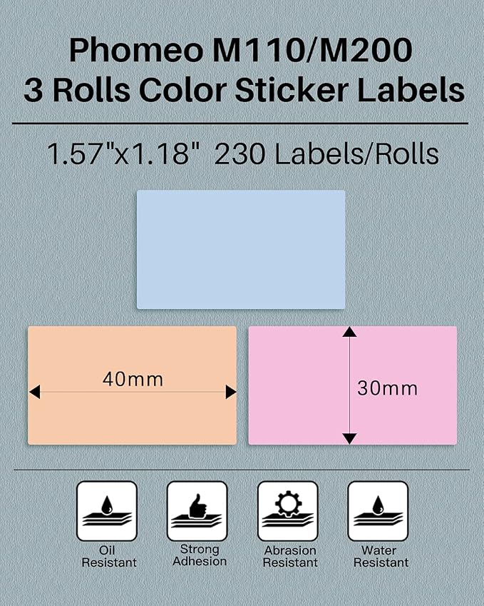 Phomemo M110/M100/M220/M250/M108 Sticker Labels- 1.57"x1.18"(40x30mm) Black on Pink, Khaki and Blue Label for Small Business, Home, Office, 230 Labels/Roll