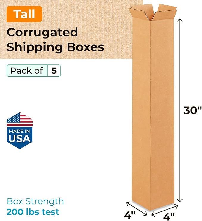 Tall Moving & Shipping Boxes 4 x 4 x 30 inches (5-Pack) - Extra Strength 200 lb vs Regular - USA-Made Corrugated Boxes for Packaging Moving - Cardboard Box for Shipping & Packaging by IDL Packaging