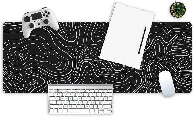 MAY FLOWER Large Gaming Mouse Pad, Full Keyboard Mat, Long Laptop Mousepad, Computer Mouse Mat for Home and Office, Anti-Slip Rubber Base, 31.5 x 11.8 Inches (Black Topographic Map)