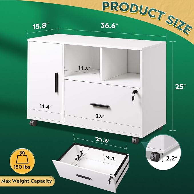 DEVAISE Office File Cabinet with Lock, 1-Drawer Wood Lateral Filing Cabinet on Wheels, Printer Stand with Open Storage Shelves for Home Office, White | Locking & Rolling, Lateral Filing Cabinet, Doors and Shelves, Fits Legal/letter/A4, for Home Office,...