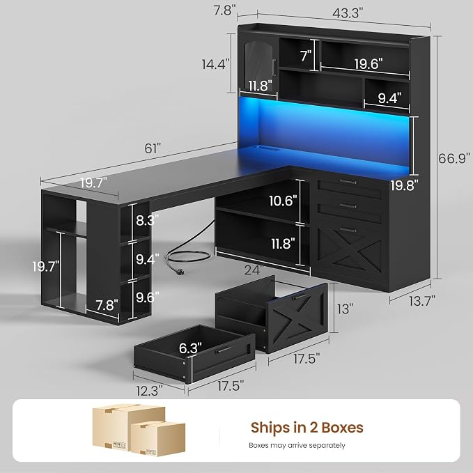 SEDETA 61" Farmhouse L Shaped Gaming Desk with Drawers, Bookshelf Storage | Computer Desk with Storage Shelves and Power Outlet, Corner Gaming Desk with LED Light and Display Cabinet for Home Office
