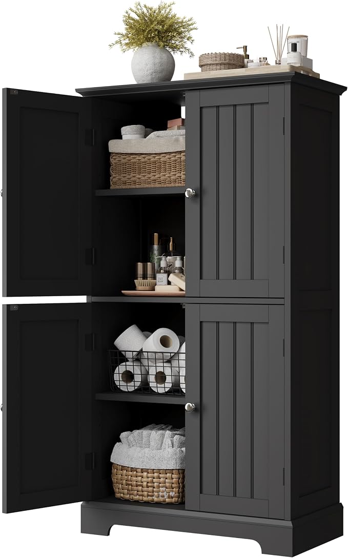ChooChoo Bathroom Floor Cabinet with Adjustable Shelves | Bathroom Storage Cabinet, 4 Doors, Freestanding Cupboard for Living Room, Kitchen Pantry, Black