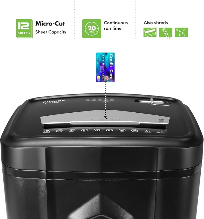 Aurora AU1235MA Professional Grade 12-Sheet High Security Micro-Cut Paper and Credit Card Shredder/ 20 Minutes Run/Security Level P-5