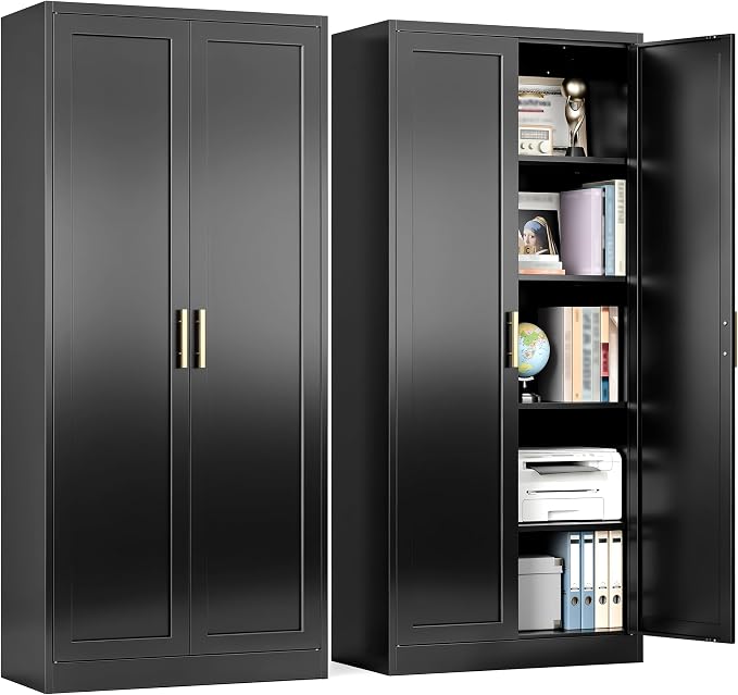 BESFUR 71" Tall Black Kitchen Pantry Cabinet, Metal Food Storage Cabinet with 4 Adjustable Shelves, Freestanding Cupboard with Doors for Kitchen, Dining Room, Living Room, Bathroom, Laundry Room