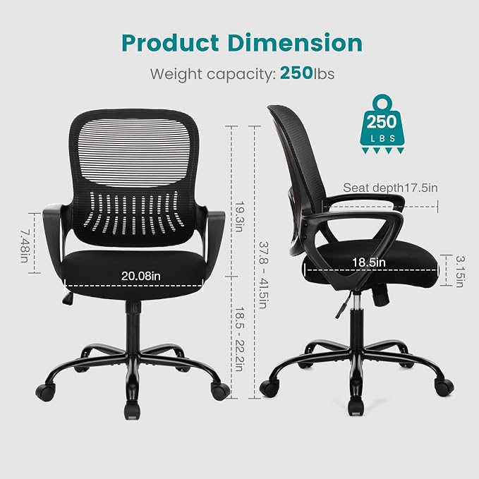 DUMOS Office Chair, Ergonomic Mesh Home Desk Chair, Lumbar Support | Ergonomic Mid Back, Height Adjustable Fixed Armrest, Rocking Mode 360 Swivel Meeting Room, Black