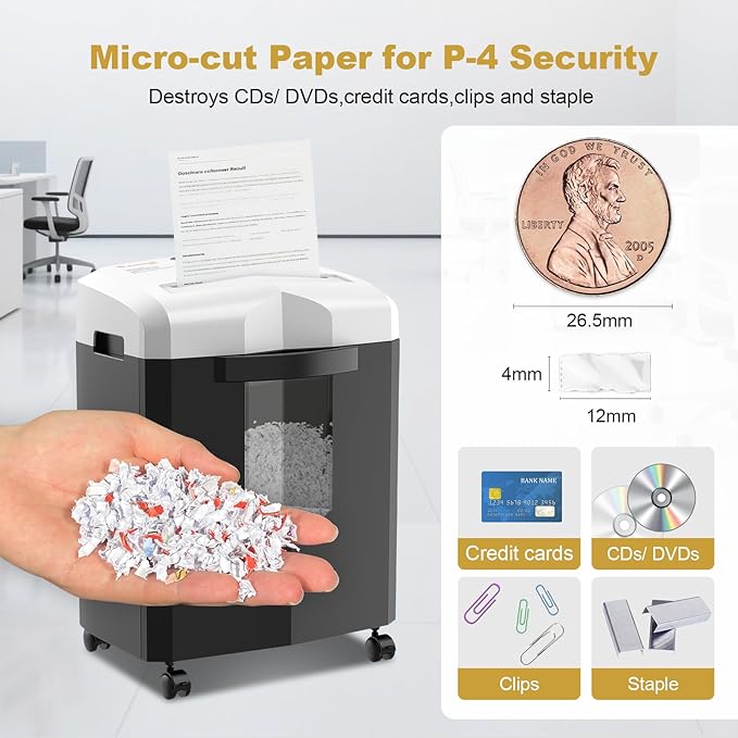 Bonsaii 12-Sheet Micro Cut Paper Shredder, 60-Minute P-4 High Security Shredders for Home Office, Shreds CD/Credit Card/Mail/Staple/Clip, Jam-Proof System with 4.2 Gal Pullout Bin (C266-BW)
