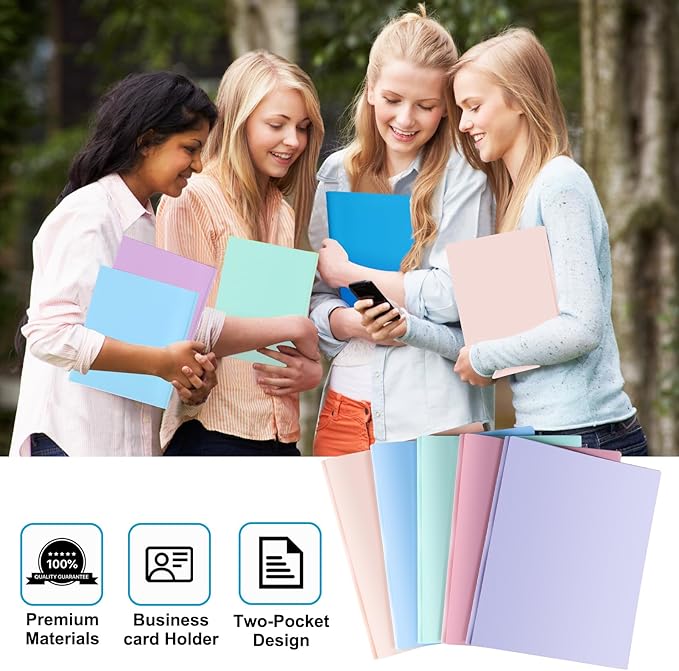 2 Pocket Folder with Prongs (10 Pack, Pastel), Plastic Folders with Pockets | Pastel Colors, Business Card Holder, Fit Letter Size, Organizing Papers, in School, Office, Business