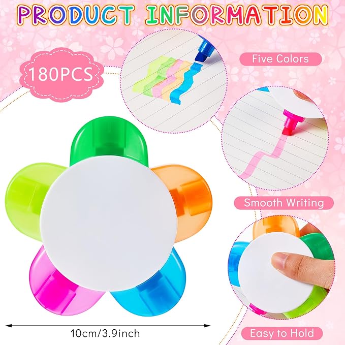 Outus 180 Pieces Petals Highlighters Assorted Colors 5 in 1, Back to School | Flower Shape Watercolor Fluorescent Pens, for Office School Stationery Aesthetic Supplies, 5 Colors